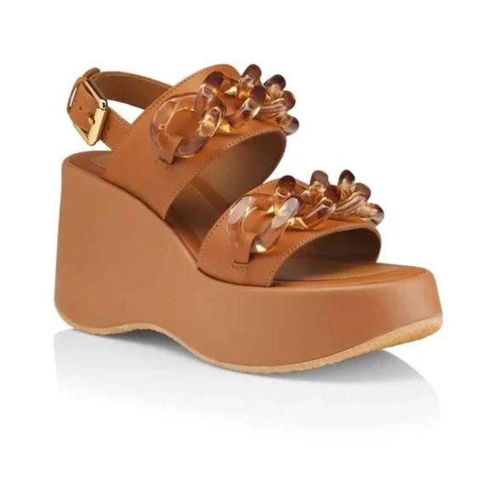 See By Chloe Mahe Platform Wedge Sandals Women 41 Tan NEW Leather Chain SB38095A